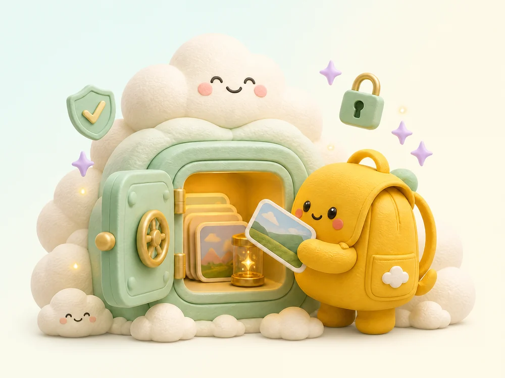 A yellow backpack storing treasured photos in a soft cloud vault